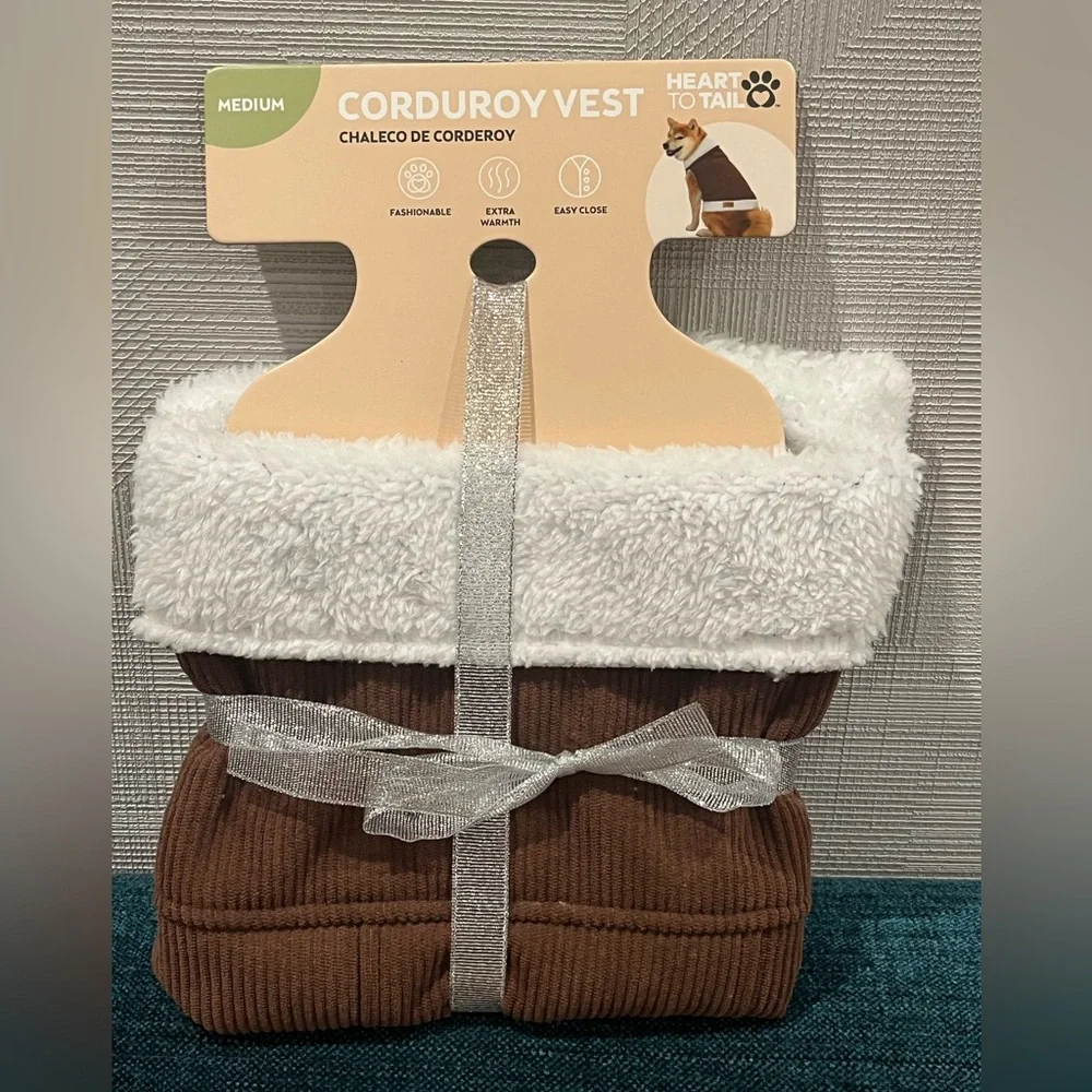Soft & warm Sherpa lined vest for a medium dog. Corduroy, snap buttons. Brown - Picture 2 of 10